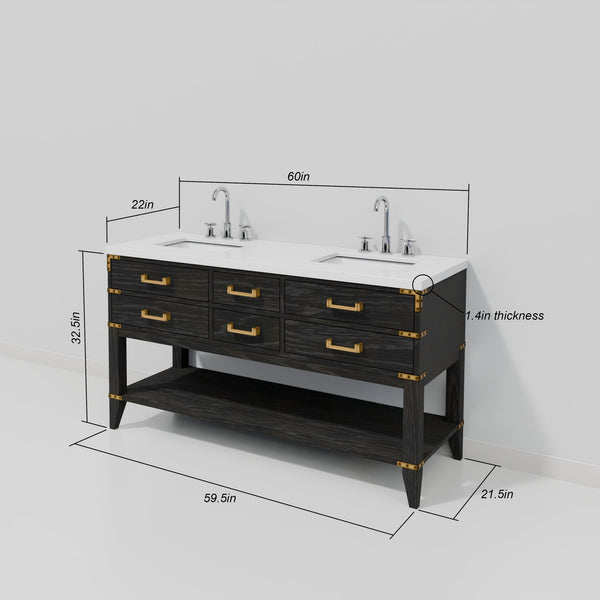 English Elm Black Oak Double Bath Vanity: 60" W Solid Wood Design With Cultured Marble Top & Ample Storage B2731P261033