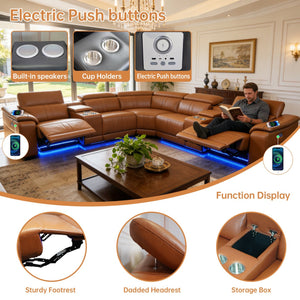 English Elm Power Reclining Sectional with Bluetooth Audio Led Lighting and Wireless Charging Tech Leather Brown W3795S00019
