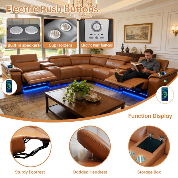 English Elm Power Reclining Sectional with Bluetooth Audio Led Lighting and Wireless Charging Tech Leather Brown W3795S00019