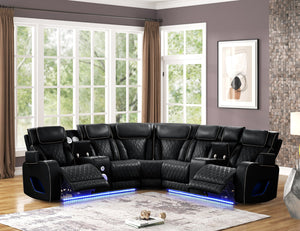 English Elm Fortuner Modern power recliner sectional with massage, Bluetooth speakers, LED lighting, USB charging, storage Black B009S01796