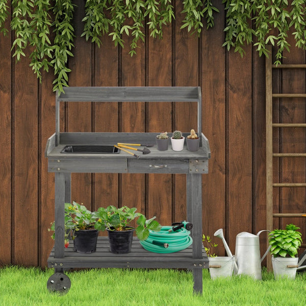 English Elm Outsunny 36'' Wooden Potting Bench With Removable Sink, Wheels & Ample Storage For Gardeners W2225P174488-GIGA
