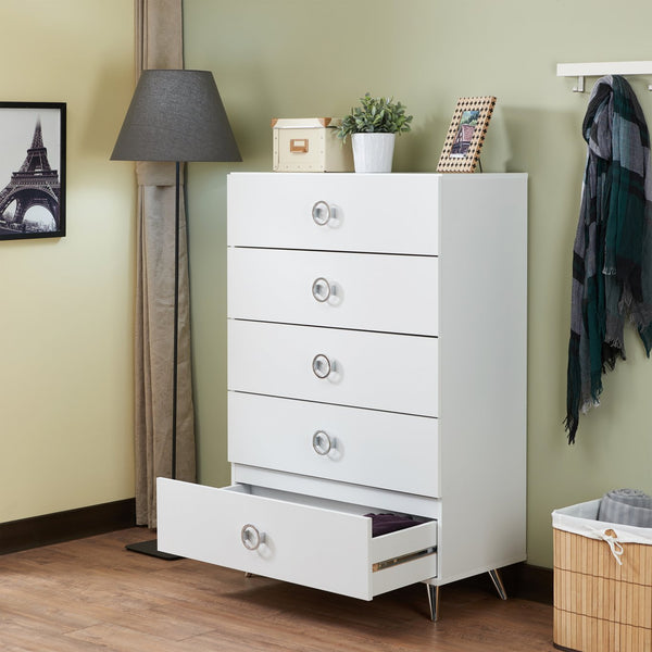 English Elm Elms White Finish Chest with 5 Smooth-Glide Drawers, Silver Ring Pulls & Modern Tapered Legs B2726P255308