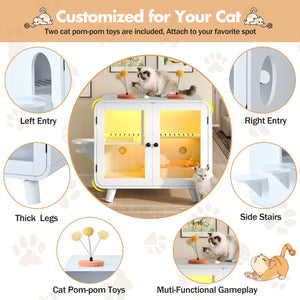 English Elm Cat Litter Box Enclosure Mdf Cabinet with Rgb Lighting Glass Doors and Play Loft White N704P419240K