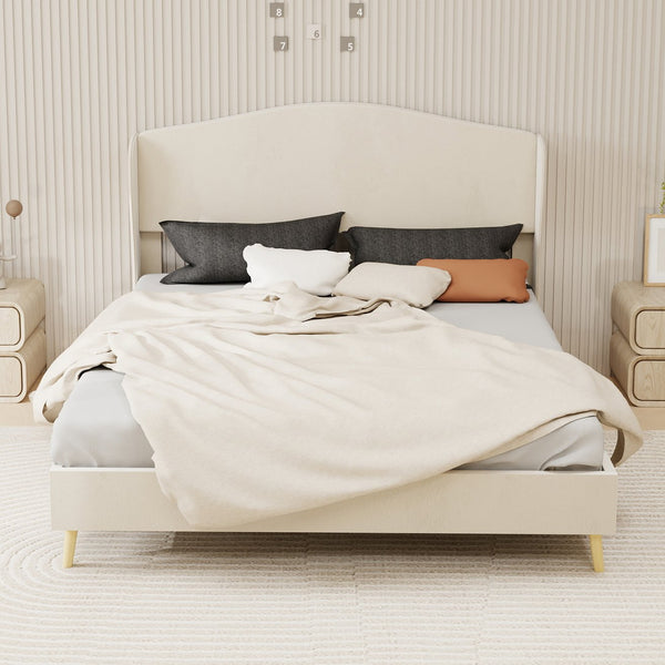 English Elm Velvet Tufted Queen Platform Bed Diamond Headboard for Elegant Master Bedroom Beige W1935P361022