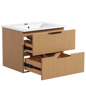 English Elm 24 Inch Floating Bathroom Vanity With Ceramic Sink - Modern Wall-Mounted Storage Cabinet In Light Brown W1550S00034