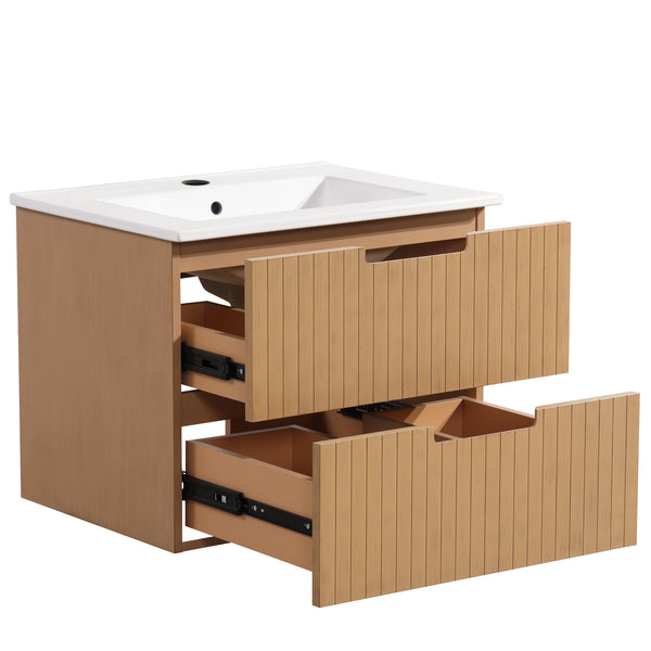 English Elm 24 Inch Floating Bathroom Vanity With Ceramic Sink - Modern Wall-Mounted Storage Cabinet In Light Brown W1550S00034