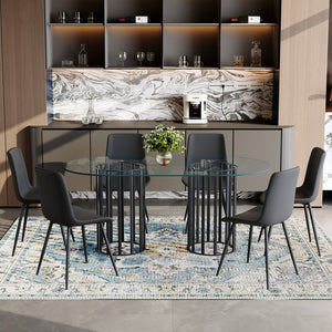 English Elm Table Set Oval Tempered Glass Top with Six Brown Fabric Chairs for Modern Dining Black,Transparent W1151S04748