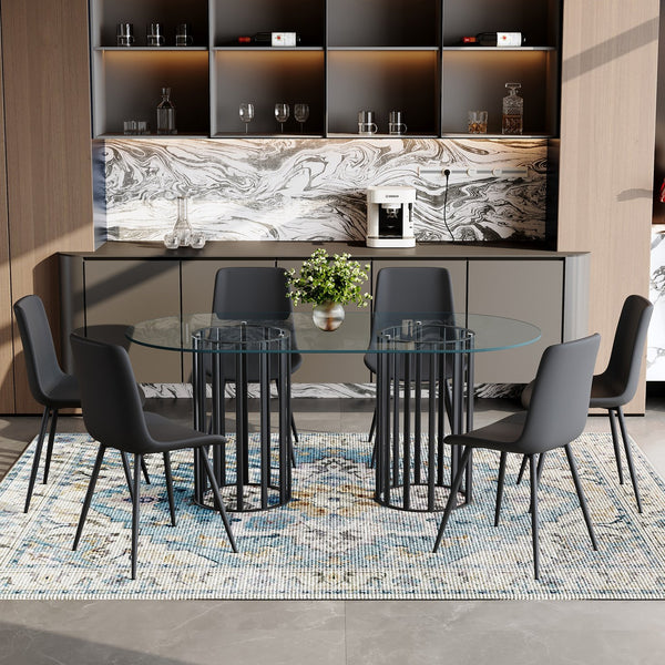 English Elm Table Set Oval Tempered Glass Top with Six Brown Fabric Chairs for Modern Dining Black,Transparent W1151S04748