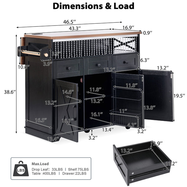 English Elm K&K 46.5'' Farmhouse Kitchen Island Cart with Beaded Drapes, Drop Leaf, Power Hub, Ample Storage Black N707P254872B