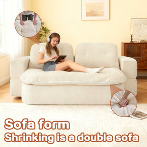 English Elm Modern Floor Sofa with Hidden Quilt & 2 Pillows, Convertible Chenille Foam Sleeper Bed for Small Spaces Cream W3565P355010