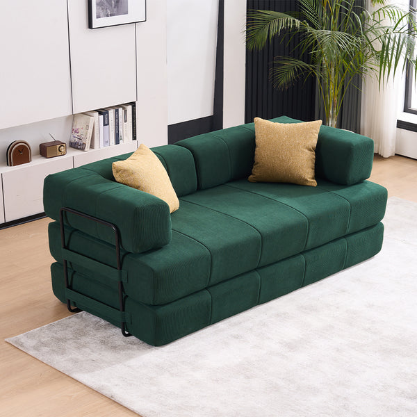 English Elm Folding Sofa Bed with Corduroy Cover, 78.5" Convertible Futon Couch, No-Assembly Foam Spring Mattress, Compact Sleeper for Living Room Green W2915P276680