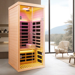 English Elm Single Person Infrared Sauna in Canadian Hemlock with Low Emf Carbon Heating Panels W1787S00015