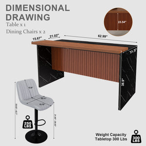 English Elm 63" Modern Kitchen Island Set With 2 Gray Bar Stools - Stylish Black Marble, Led Lighting, Durable Design W2699S00068