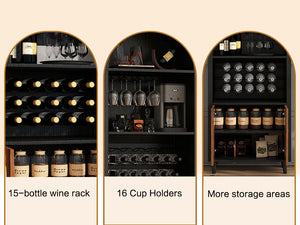 English Elm 71"Farmhouse Arched Wine Bar Cabinet with 15 Bottle Racks, 16 Glass Holders, Anti-Tip Safety for Living/Dining Black+Natural W2977P338242