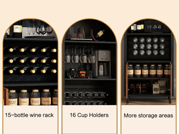 English Elm 71"Farmhouse Arched Wine Bar Cabinet with 15 Bottle Racks, 16 Glass Holders, Anti-Tip Safety for Living/Dining Black+Natural W2977P338242