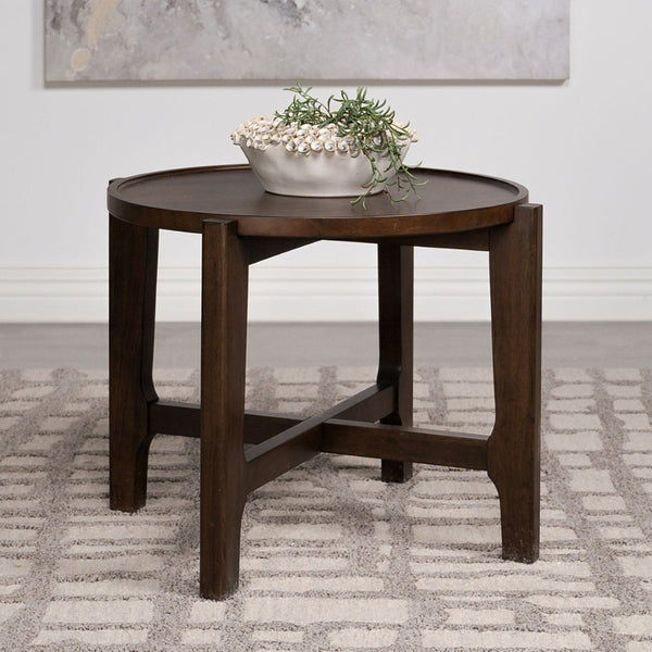 English Elm Round Solid Wood End Table - Elegant Dark Brown Accent Piece For Living Room With Compact Design B016P373107-GIGA