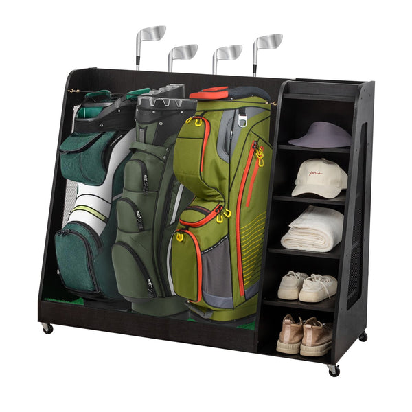 English Elm Gray Wooden Golf Organizer Rack with Drawers for Garage Club Bag Shoe Storage Black W1422P296367