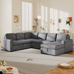 English Elm U_Style U-Shaped Corduroy Sectional Sofa With Storage & Usb Ports - 6-Seater Comfort For Any Space N711P235751E-GIGA