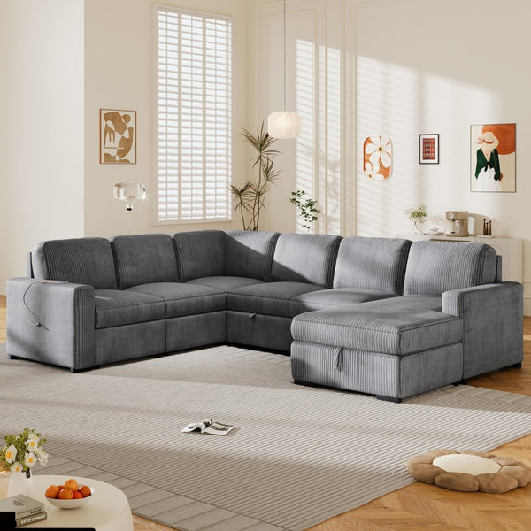 English Elm U_Style U-Shaped Corduroy Sofa With Usb Ports & Storage – 6-Seater Modular Sectional For Any Space N711P235755E-GIGA