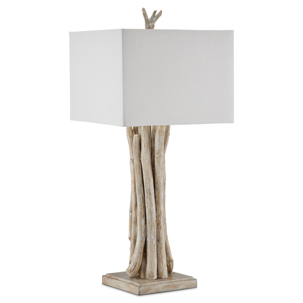Driftwood Rustic Whitewash Table Lamp with Off-White Linen Shade - Handcrafted Natural Decor Accent
