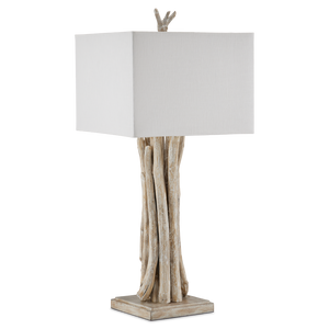 Driftwood Rustic Whitewash Table Lamp with Off-White Linen Shade - Handcrafted Natural Decor Accent