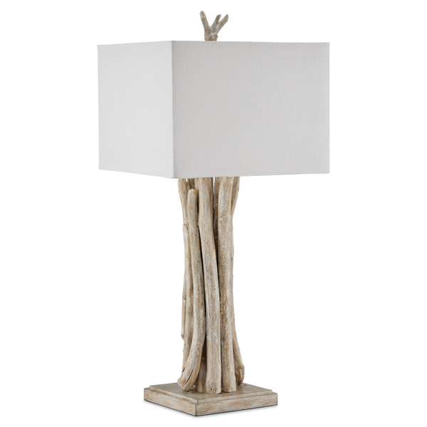 Driftwood Rustic Whitewash Table Lamp with Off-White Linen Shade - Handcrafted Natural Decor Accent