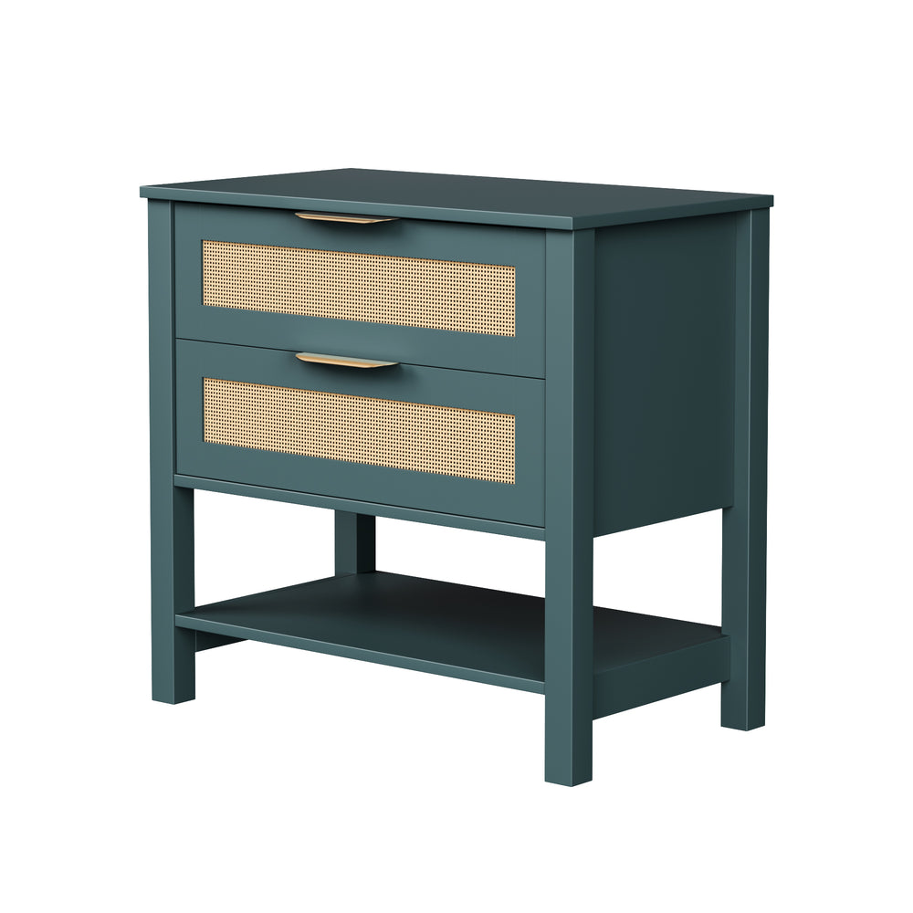 English Elm Rattan Front Boho Coastal Nightstand with Gold Pulls Open Shelf and Woven Drawer Accents Green T3210P471550