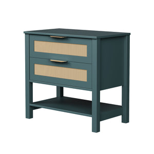 English Elm Rattan Front Boho Coastal Nightstand with Gold Pulls Open Shelf and Woven Drawer Accents Green T3210P471550