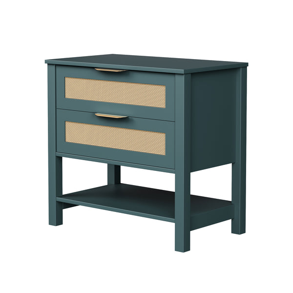 English Elm Rattan Front Boho Coastal Nightstand with Gold Pulls Open Shelf and Woven Drawer Accents Green T3210P471550