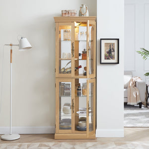 English Elm Lighted Glass Curio Display Cabinet with Quiet Hinge, Internal LED Lighting, Adjustable Shelves, Vintage Carved Handle Light Oak W2275P199811
