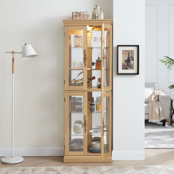 English Elm Lighted Glass Curio Display Cabinet with Quiet Hinge, Internal LED Lighting, Adjustable Shelves, Vintage Carved Handle Light Oak W2275P199811