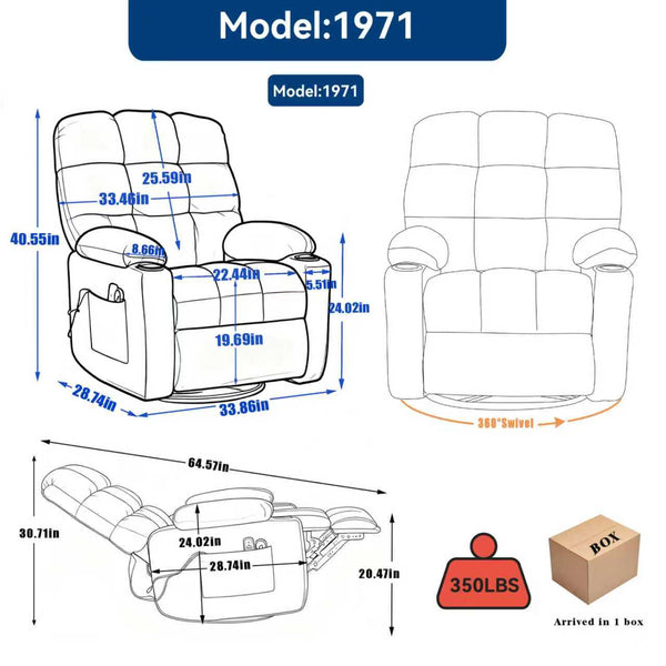 English Elm Heat Massage Rocker Swivel Recliner with Vibration Nodes Fabric Lounge Chair W5029P388740