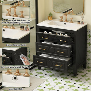 English Elm 30'' Bathroom Vanity with Ceramic Sink, Solid Wood Frame Retro Style Vanity with 3 Drawers & Gold Handles Black N710P246209B