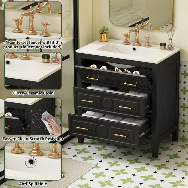 English Elm 30'' Bathroom Vanity with Ceramic Sink, Solid Wood Frame Retro Style Vanity with 3 Drawers & Gold Handles Black N710P246209B