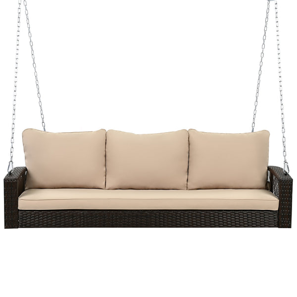English Elm GO 69" PE Wicker 3-Person Porch Swing with 800lb Capacity, Cushioned Patio Bench for Backyard Relaxation Brown N704P250643D