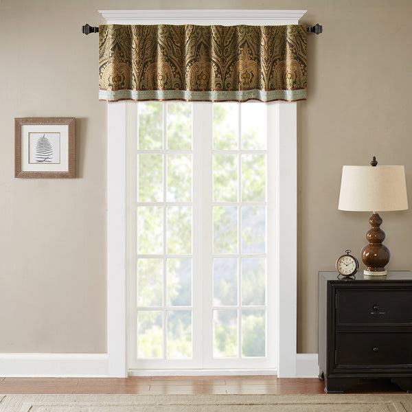 JLA Home Hampton Hill - Window Valance Hampton Hill Medallion Damask Jacquard 54" Wide Blue-Brown Rod Pocket, Machine Washable FB41-1131