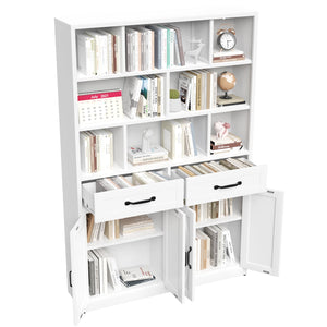 English Elm 71" Tall Metal Bookcase with Open Shelves Drawers and Cabinet Doors for Modern Office T2398S00002
