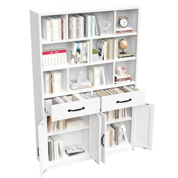 English Elm 71" Tall Metal Bookcase with Open Shelves Drawers and Cabinet Doors for Modern Office T2398S00002