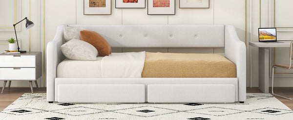 English Elm Twin XL Upholstered Daybed with Two Drawers — Convertible King Sofa Bed, Buttoned Back, Linen Upholstery Beige DL002056AAA