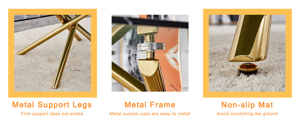 English Elm 63"x35.4" Luxurious Marble-Patterned Tempered Glass Dining Table with Gold Fork Legs, Scratch-Resistant Elegance Black+Gold W1151S03298