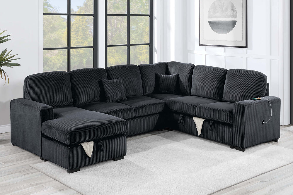 English Elm Modern Corduroy 4-piece Sectional with Storage Pull Out Bed and Usb Charging Port Black B011S02180