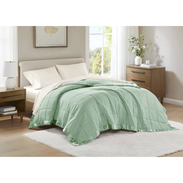 JLA Home Madison Park - Lightweight Cozy Down Alternative Blanket with Satin Trim, Moisture-Wicking, Hypoallergenic Comfort Seafoam MP51-5152