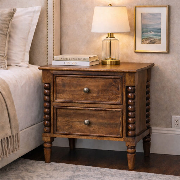 English Elm Solid Mango Wood Ribbed Nightstand with Two Drawers Warm Chestnut Bedroom Storage B182P476745