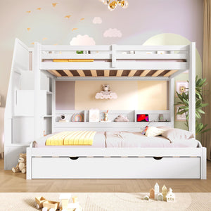English Elm Twin Over Full Bunk Bed with Stair Drawers Shelves Led Lighting and Usb Port White N7090005013K