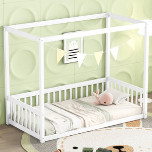 English Elm Twin Canopy Frame Floor Bed With Guardrails – Charming White Design For Cozy Kids' Rooms & Playtime W504P143278-GIGA
