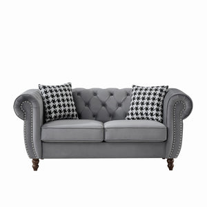 English Elm 67"Chesterfield Velvet 2-Seater Sofa with Nailhead Trim, Roll Arms, Hardwood Frame, Luxurious Comfort Grey W3373S00012