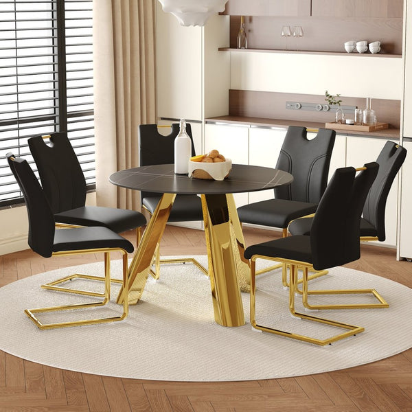 English Elm Table And Chair Set - Luxurious 42-Inch Round Sintered Stone Table With 6 Ergonomic Black Chairs W2920S00044-GIGA