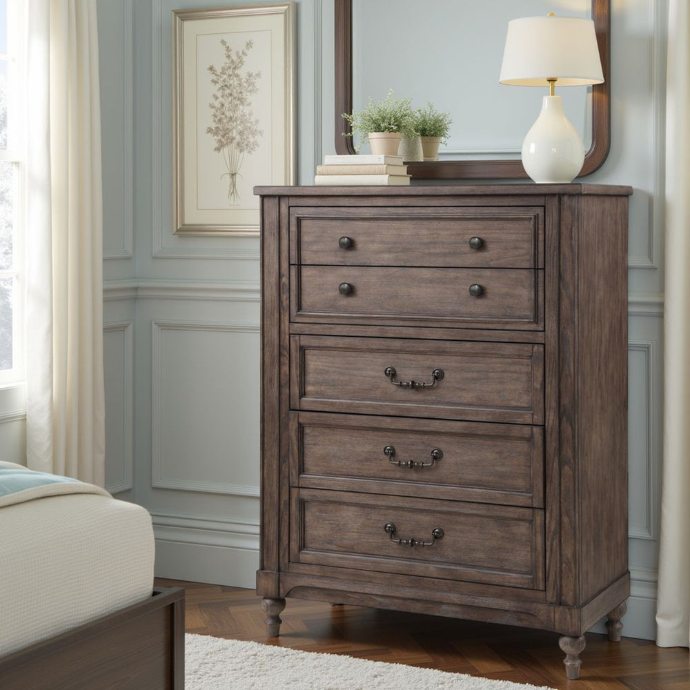 English Elm Middleton Five Drawer Chest Poplar Wood Vintage Hazel Finish with Pewter Hardware B108P468546