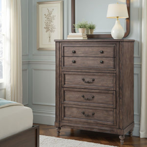 English Elm Middleton Five Drawer Chest Poplar Wood Vintage Hazel Finish with Pewter Hardware B108P468546