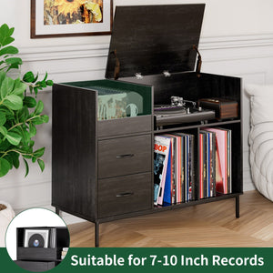 English Elm Record Player Stand with Vinyl Storage Mid-century Wood Console for Living Room T2398P438827